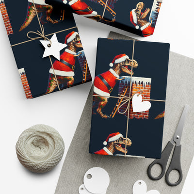 Gift wrap with a T-Rex in a Santa hat climbing a chimney.
