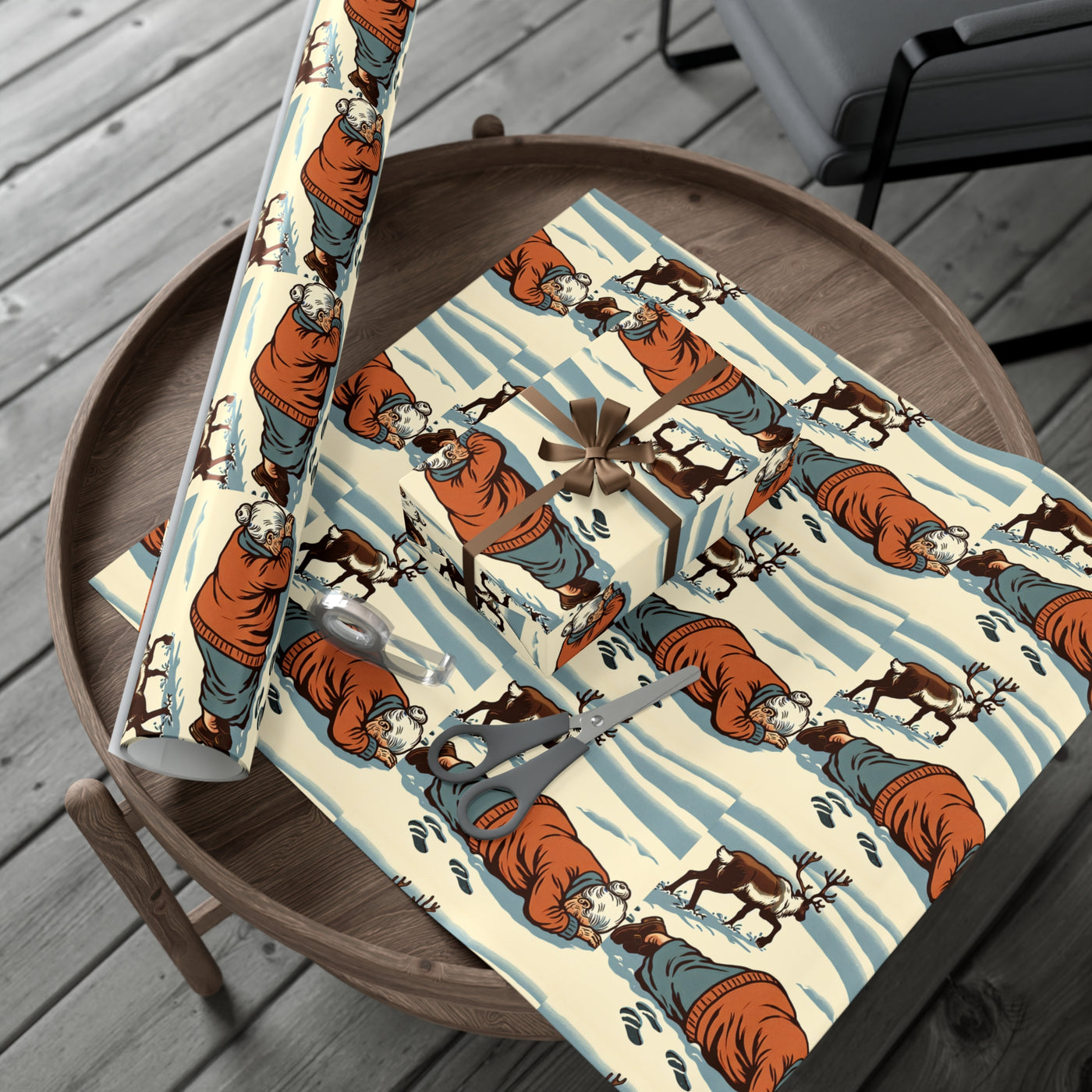 Wrapping paper with a vintage illustration of a grandma and reindeer in the snow.