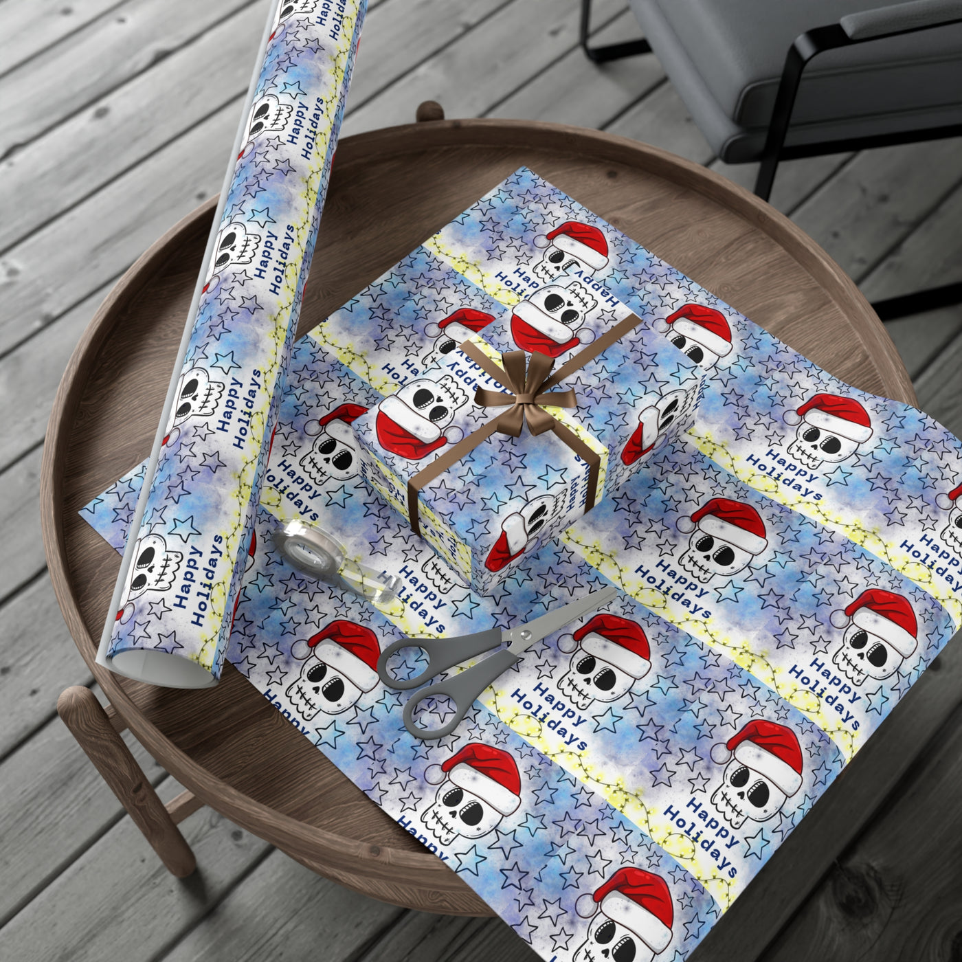 Gift wrap paper with a repeating pattern of skulls wearing Santa hats and stars.