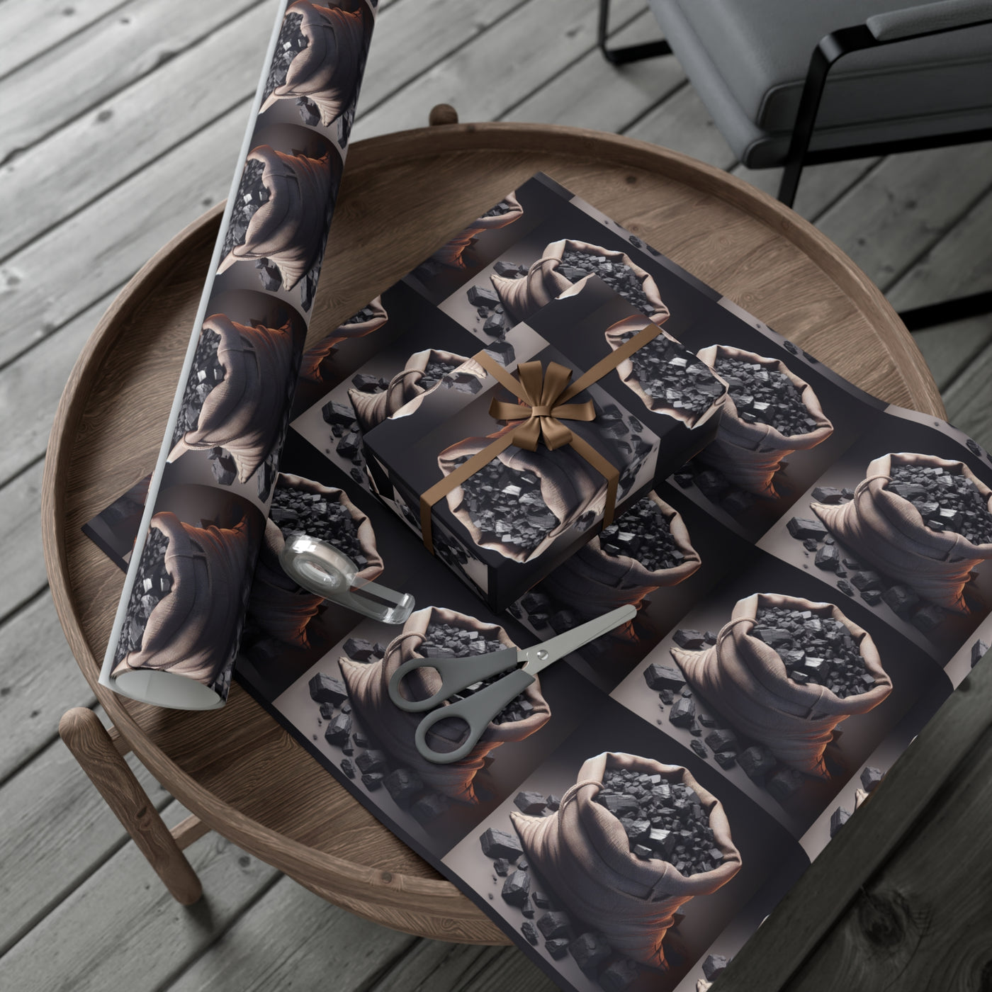 Gift wrap paper featuring a repeating pattern of burlap sacks filled with coal.
