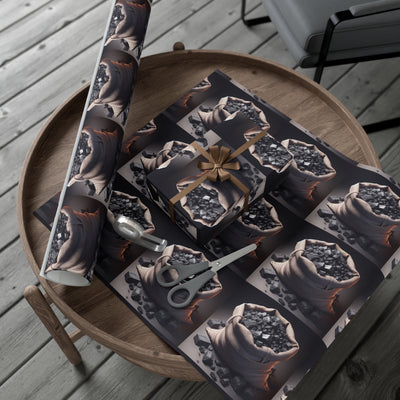 Gift wrap paper featuring a repeating pattern of burlap sacks filled with coal.