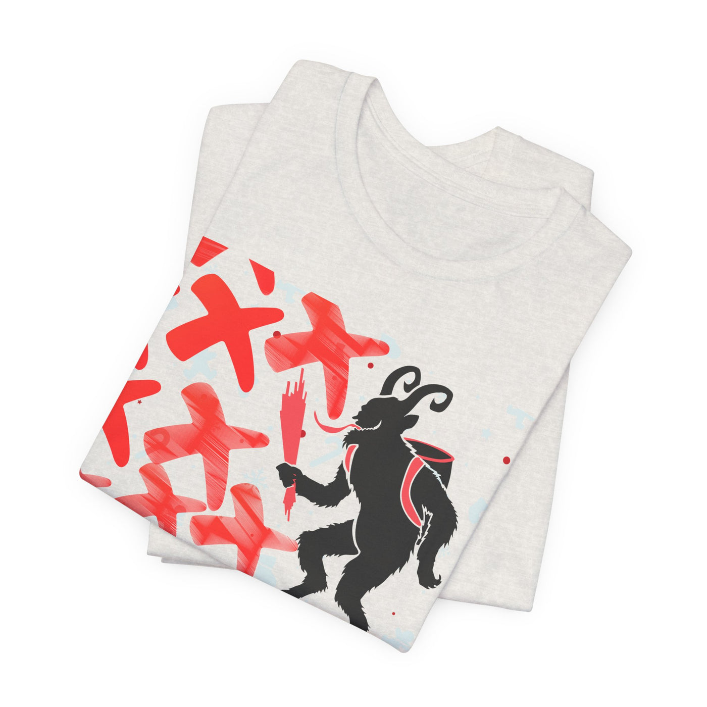 A light grey t-shirt with a black silhouette of Krampus and red cross designs.