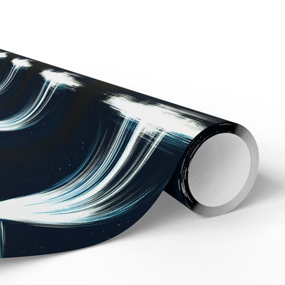 UFO-themed wrapping paper with abstract white brushstrokes on a dark background.