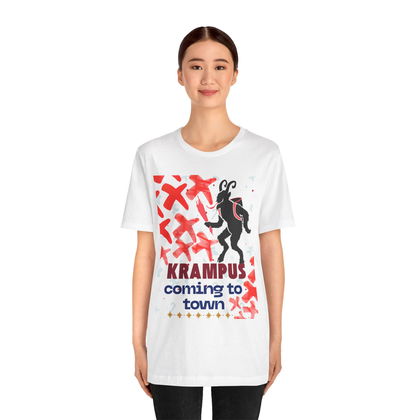 A white t-shirt with a black silhouette of Krampus and red accents.