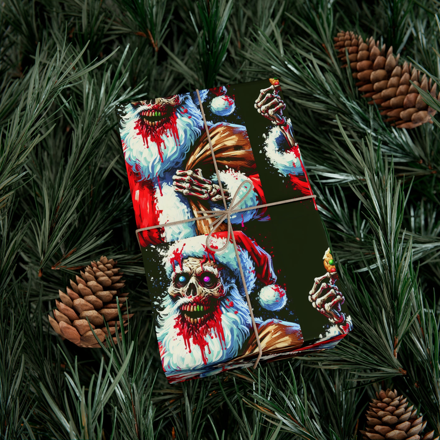 Zombie Santa wrapping paper with pine needles and pinecones.