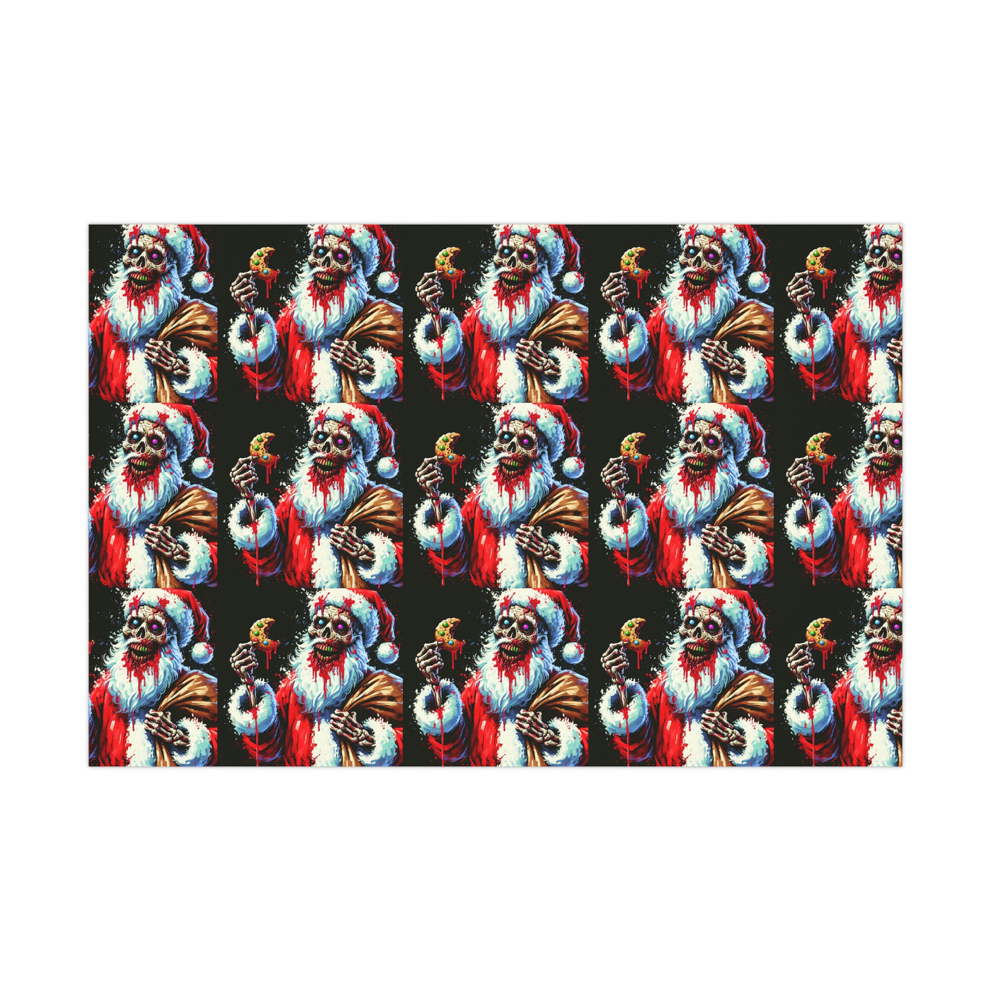Zombie Santa wrapping paper with a repeating pattern of a gory Santa holding a cookie.