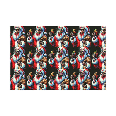 Zombie Santa wrapping paper with a repeating pattern of a gory Santa holding a cookie.