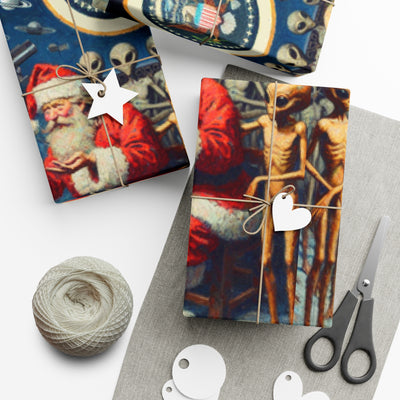 Vintage alien wrapping paper featuring Santa and aliens, with a ball of twine and scissors.