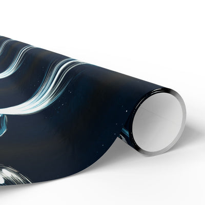 UFO-themed wrapping paper with swirling blue and white designs on a dark background.