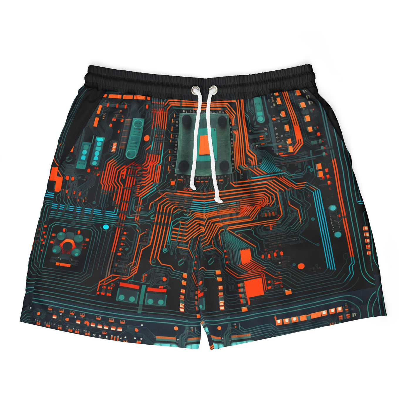 Swim Trunks: Futuristic Circuit Swim Shorts, Unisex Bathing Suit, Pool Party Gear, Summer Swimwear, Tech-Inspired Beach Shorts