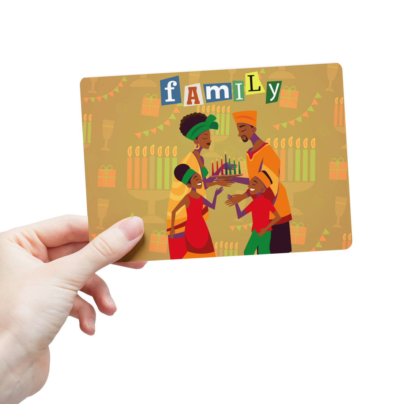 Kwanzaa postcard with a vibrant family illustration and the word "FAMILY".