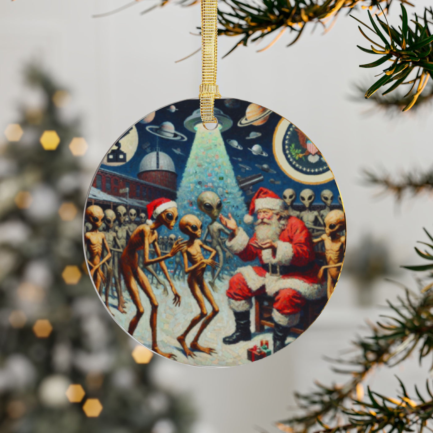 Acrylic ornament with Santa and aliens on a Christmas tree.