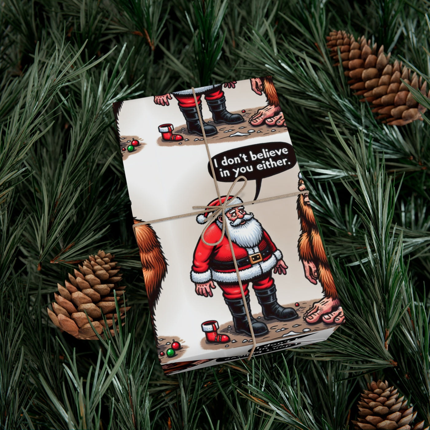 Wrapping paper with Santa and Bigfoot saying "I don't believe in you either".