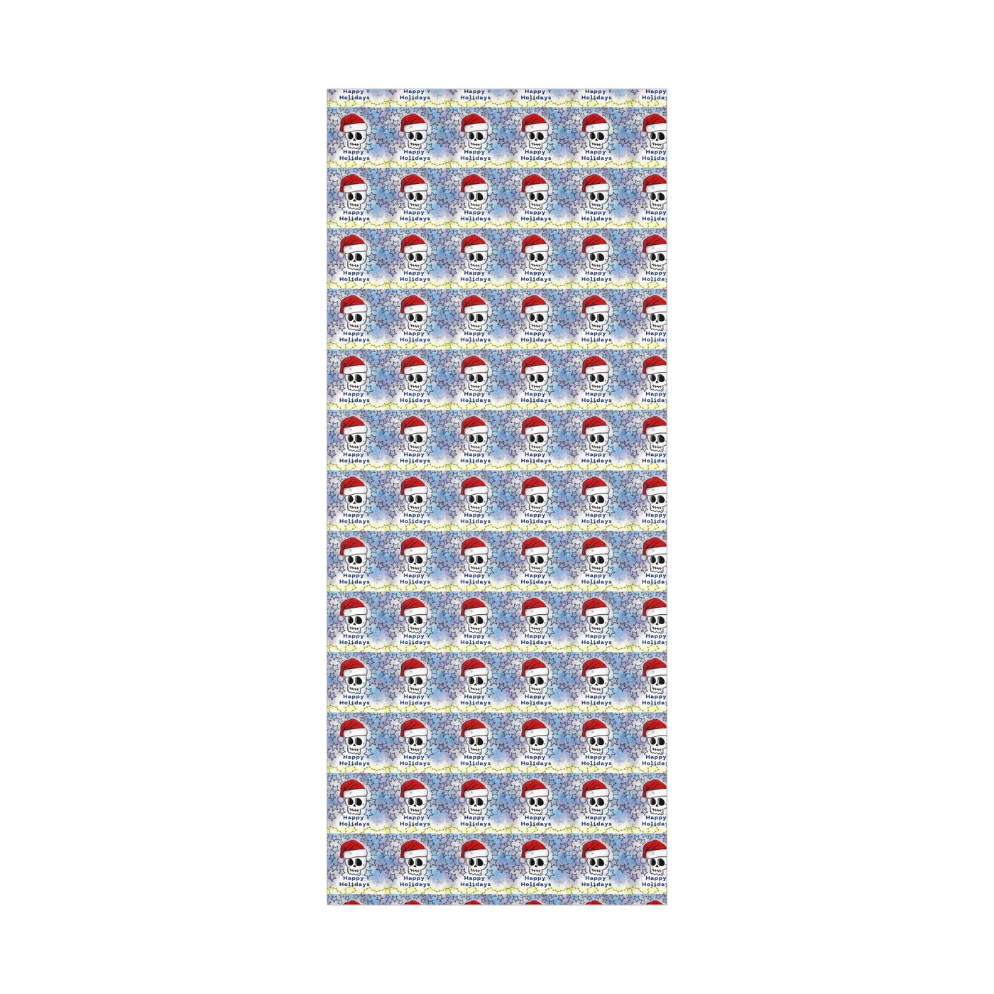 Gift wrap paper with a repeating pattern of skulls wearing Santa hats on a starry background.