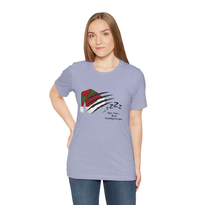 Unisex t-shirt with a Nightmare on Elm Street holiday graphic.