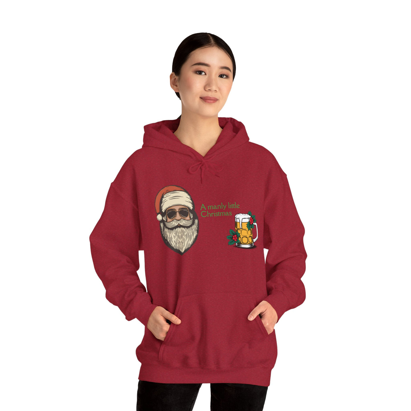 A red hoodie with a graphic of Santa, a beer mug, and text.