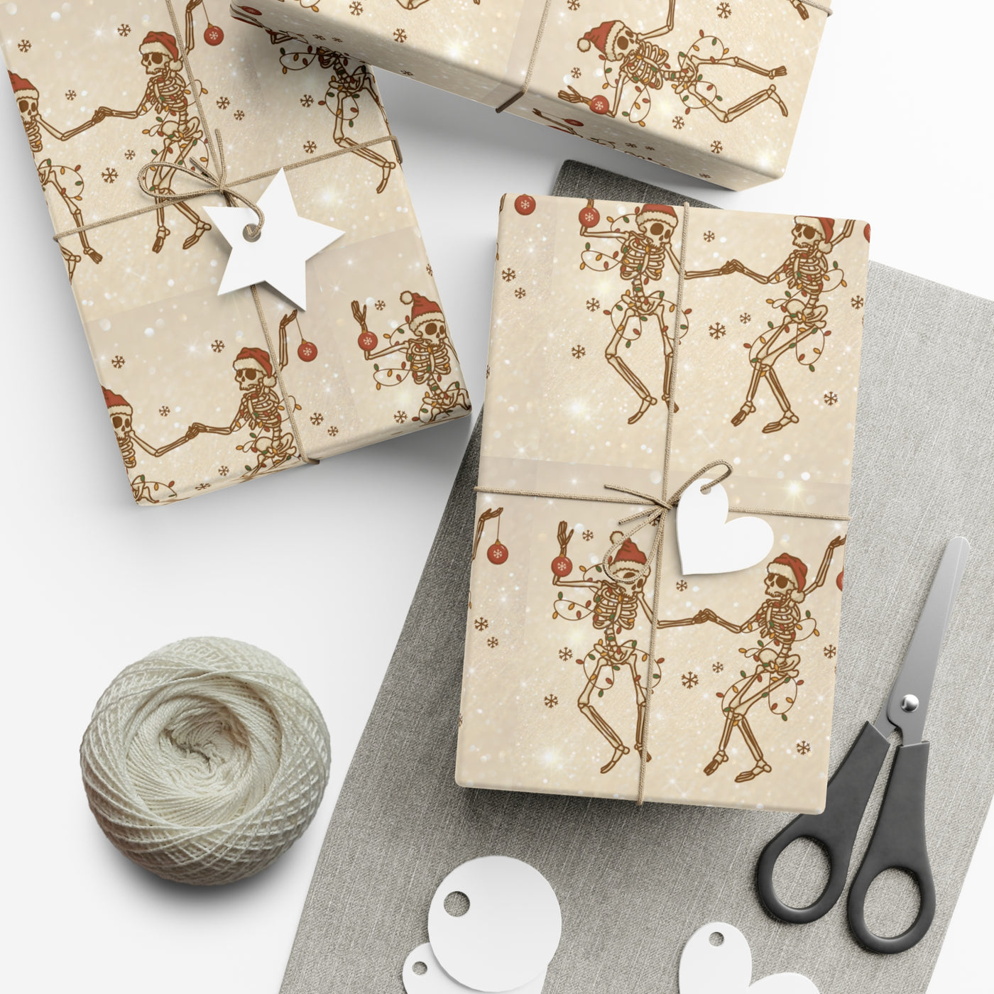 Gift wrap with a black and white skeleton design.