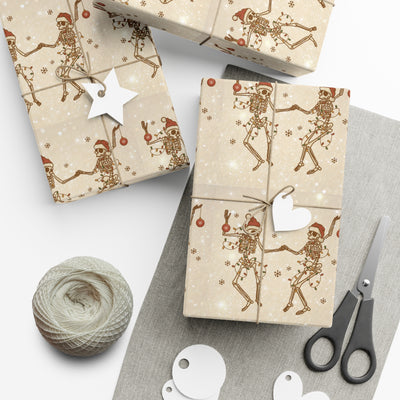 Gift wrap with a black and white skeleton design.