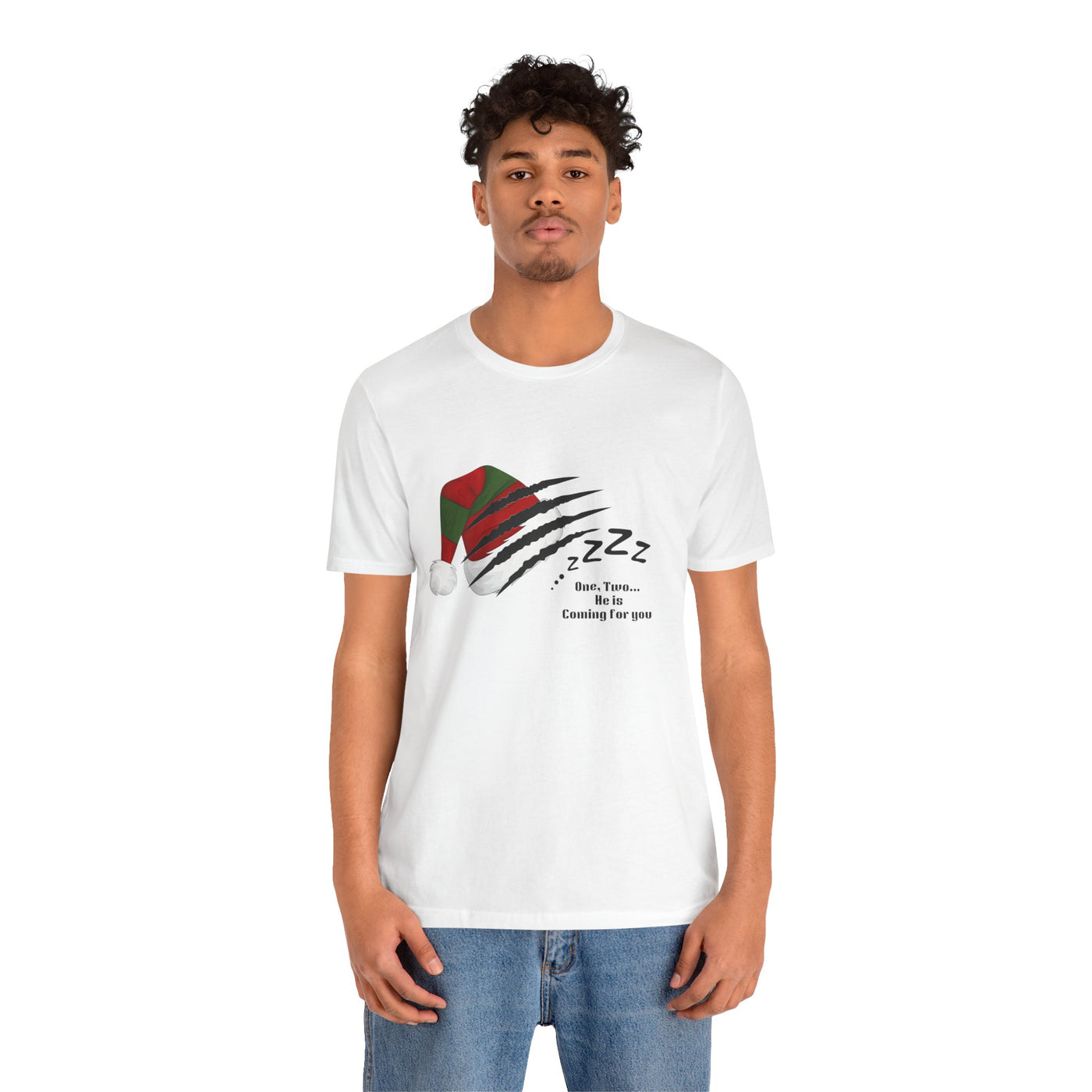 Unisex t-shirt with a Nightmare on Elm Street holiday graphic.
