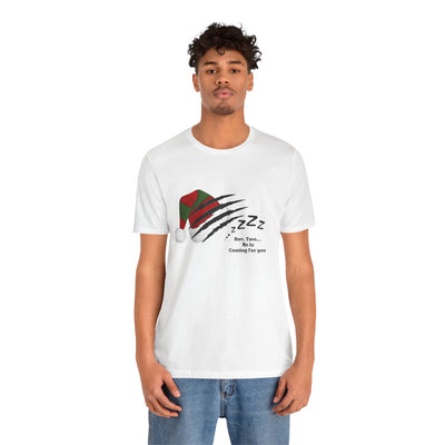 Unisex t-shirt with a Nightmare on Elm Street holiday graphic.