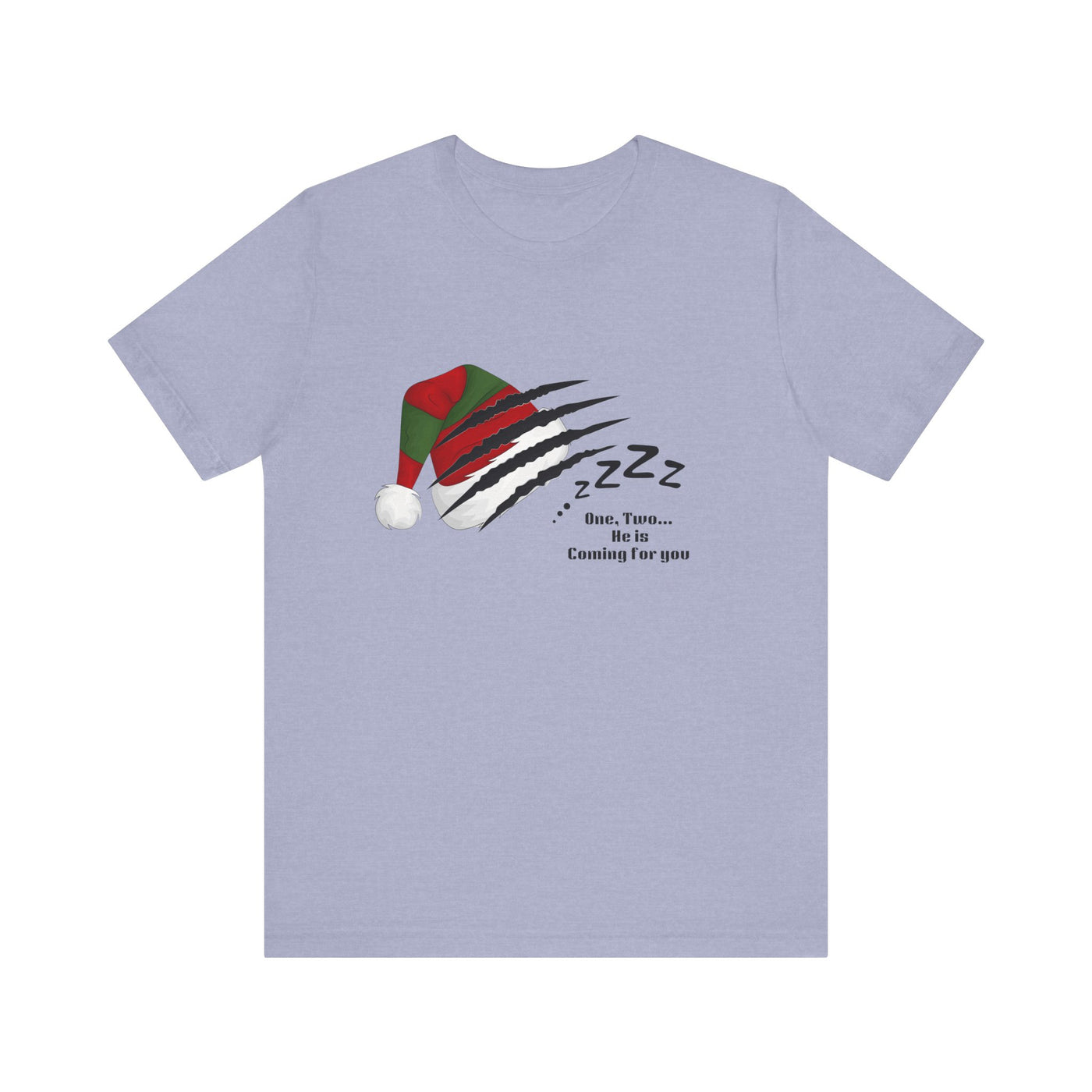 A light purple t-shirt with a graphic of a Santa hat with claw marks and "Zzz" text.