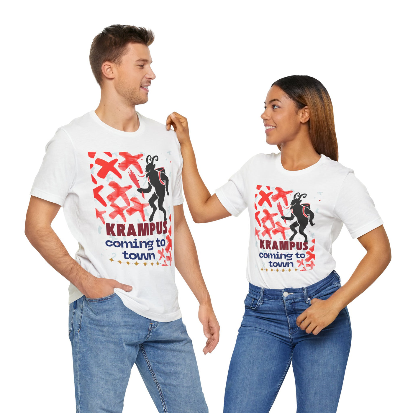 A man and woman wear matching white t-shirts with a Krampus graphic and text.