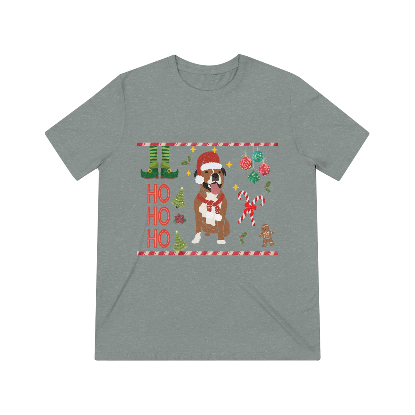 A grey t-shirt with a Christmas-themed boxer dog graphic and "Ho Ho Ho" text.
