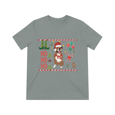 A grey t-shirt with a Christmas-themed boxer dog graphic and "Ho Ho Ho" text.