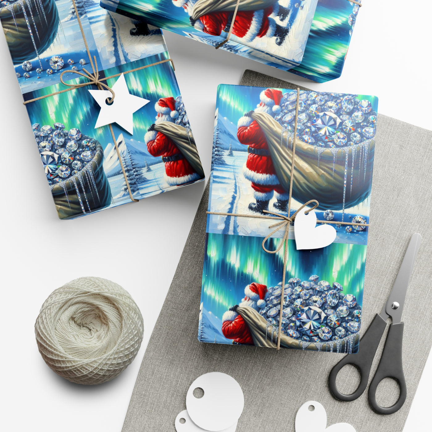 Wrapping paper with a Santa theme, featuring diamonds and the aurora borealis.