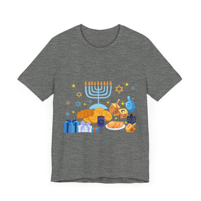 Grey t-shirt with a Hanukkah graphic featuring a menorah, dreidels, gelt, and gifts.