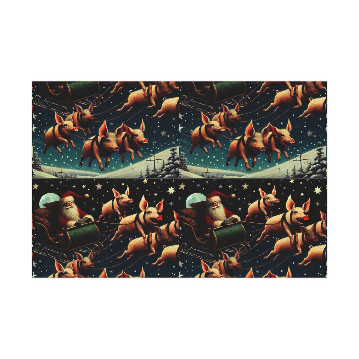 Wrapping paper with Santa and pigs flying in a sleigh.