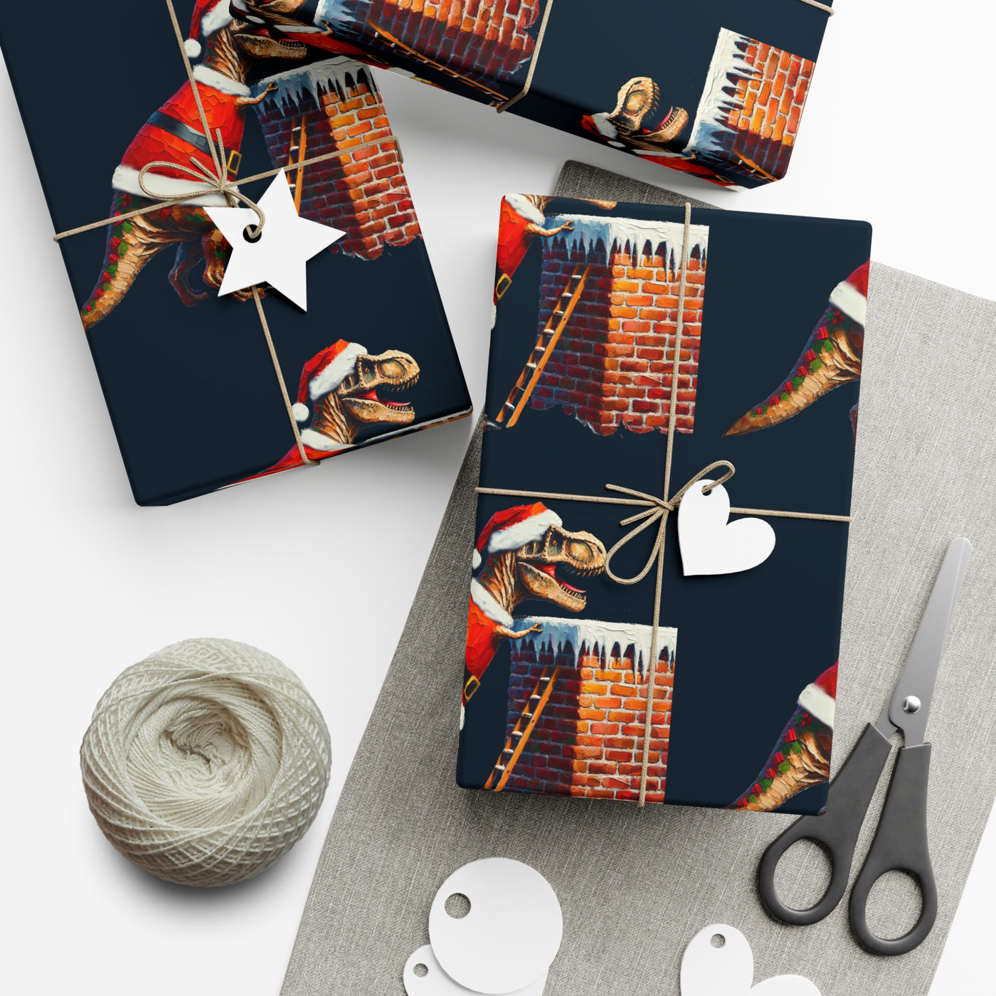 Gift wrap featuring a T-Rex in a Santa hat climbing a brick chimney.