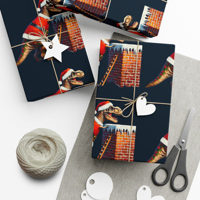 Gift wrap featuring a T-Rex in a Santa hat climbing a brick chimney.