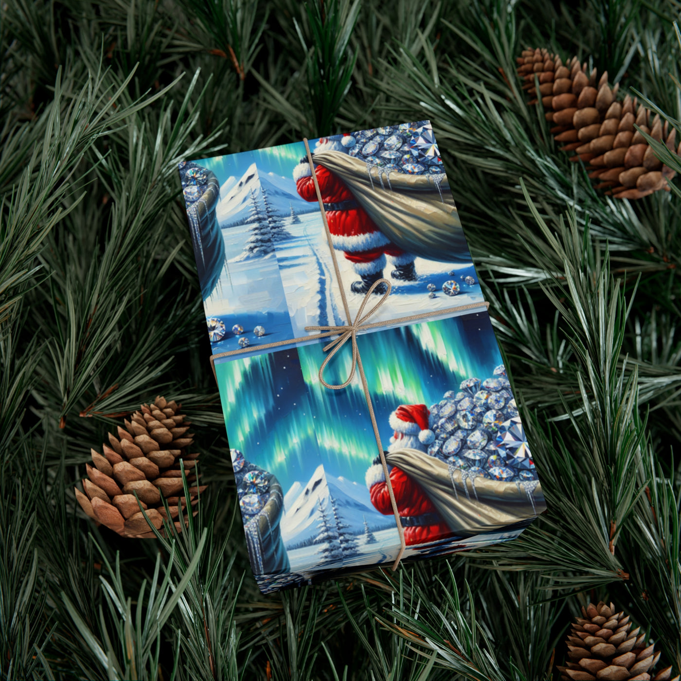 Wrapping paper with a Santa theme, featuring diamonds and the aurora borealis.