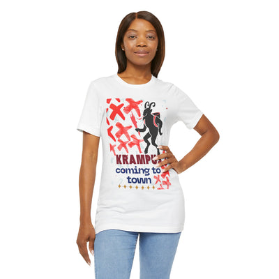 A woman wears a white t-shirt with a Krampus graphic and text.