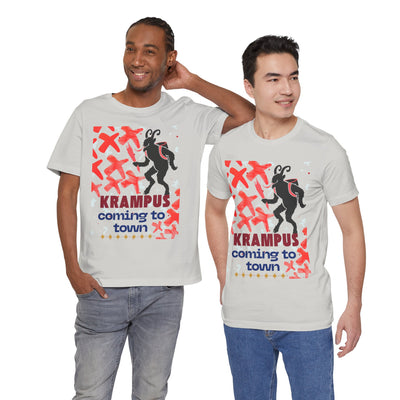 Two men wear light grey t-shirts with a Krampus graphic and text.