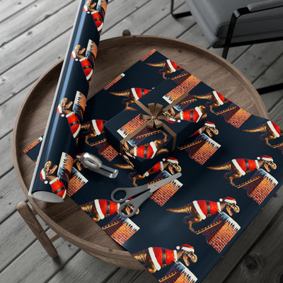 Dinosaur gift wrap with T-Rex in Santa costume on a dark background.