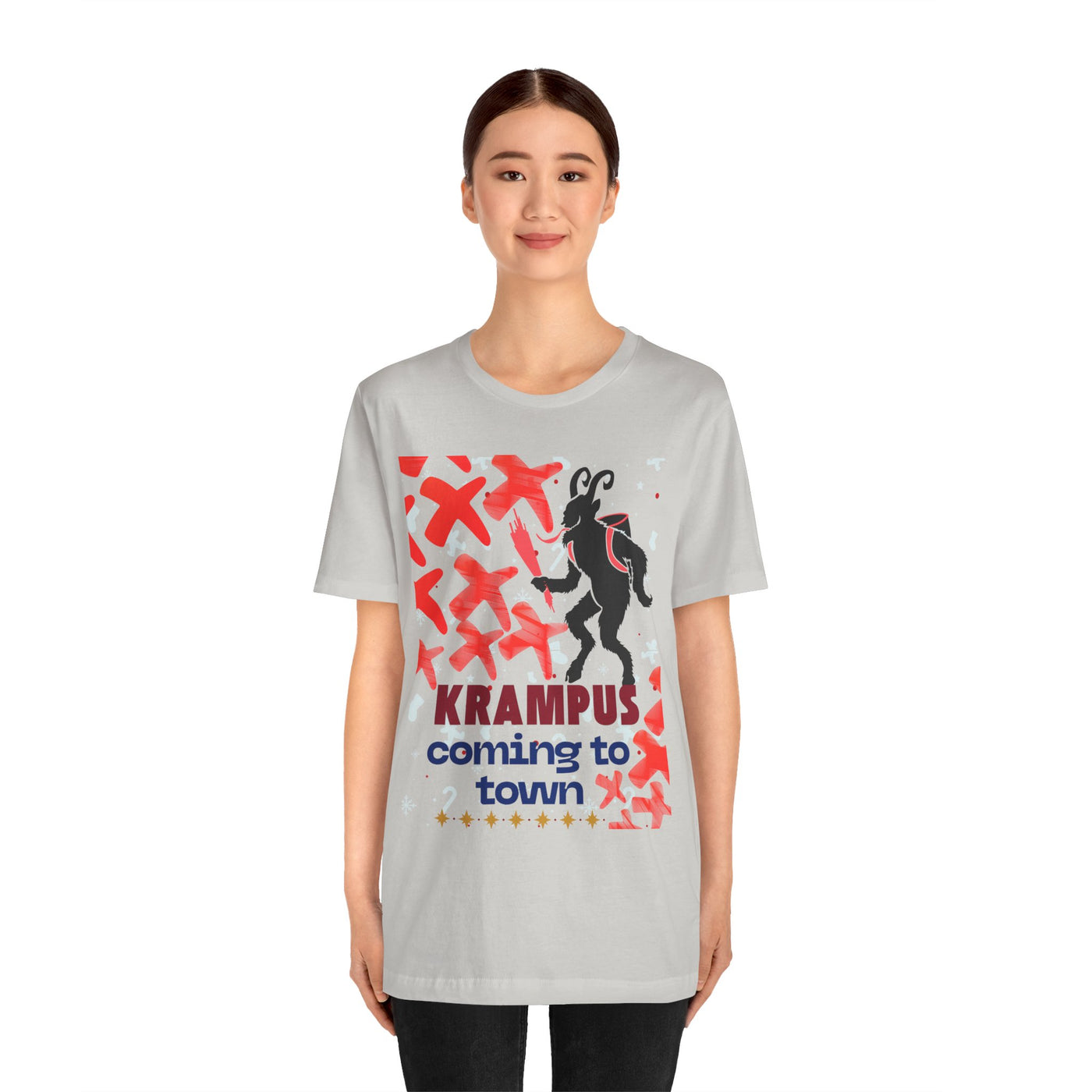 A light grey t-shirt with a black silhouette of Krampus and red accents.