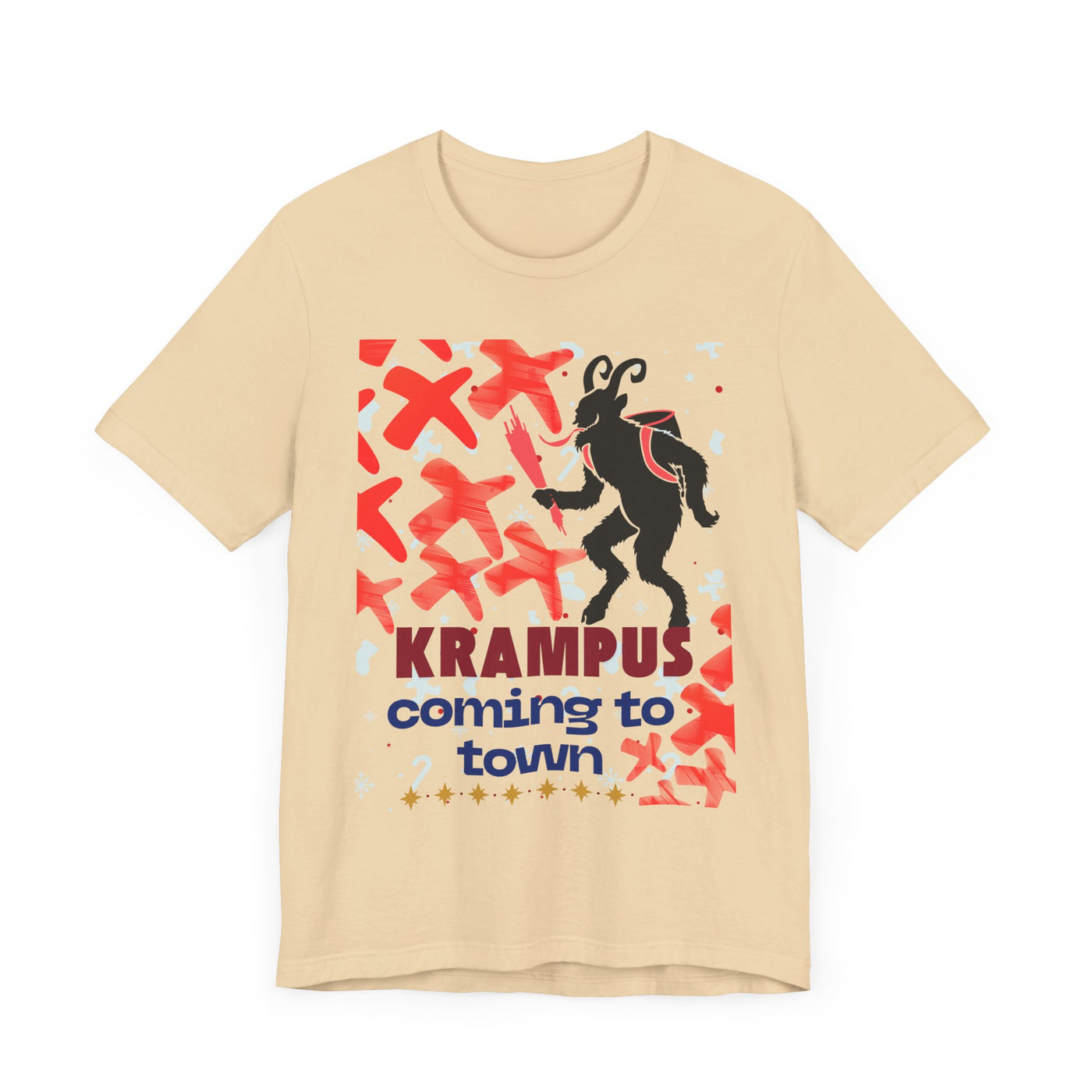A beige t-shirt with a black Krampus graphic and text that reads "Krampus coming to town".