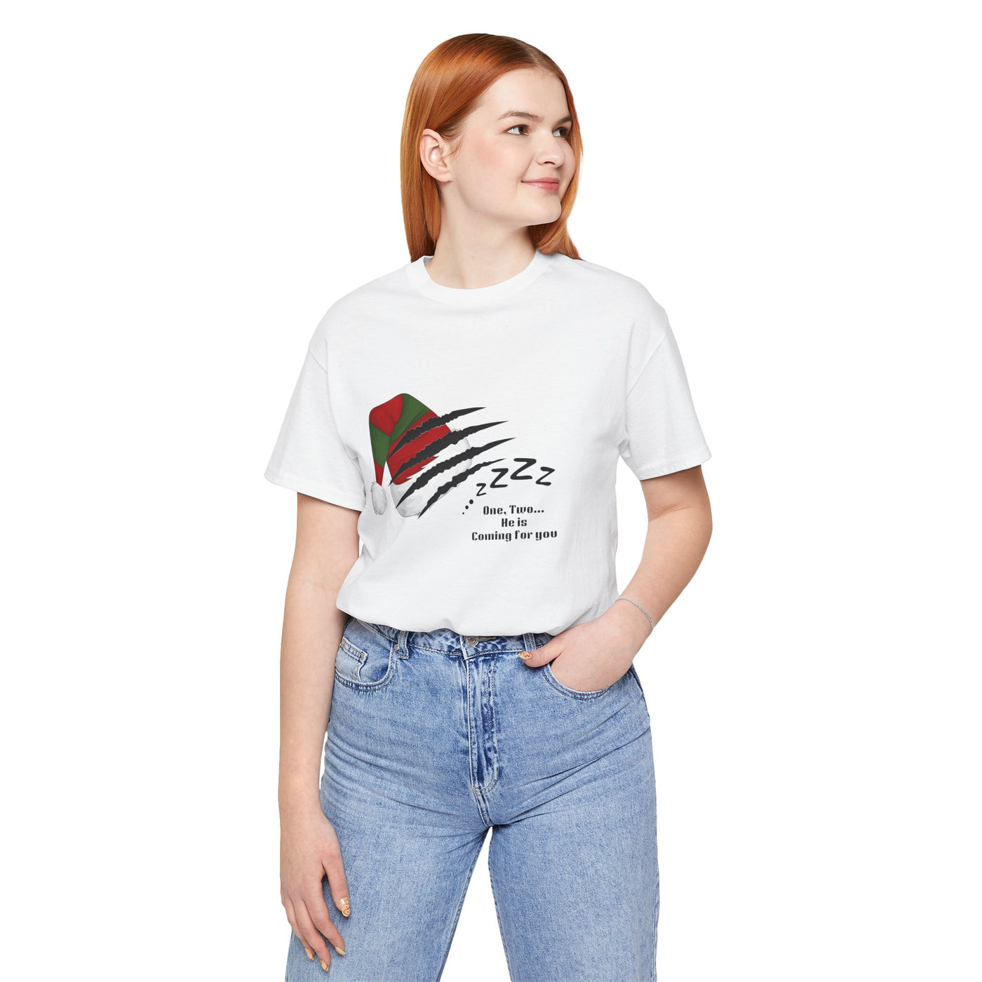 Unisex white t-shirt with a Nightmare on Elm Street holiday graphic.