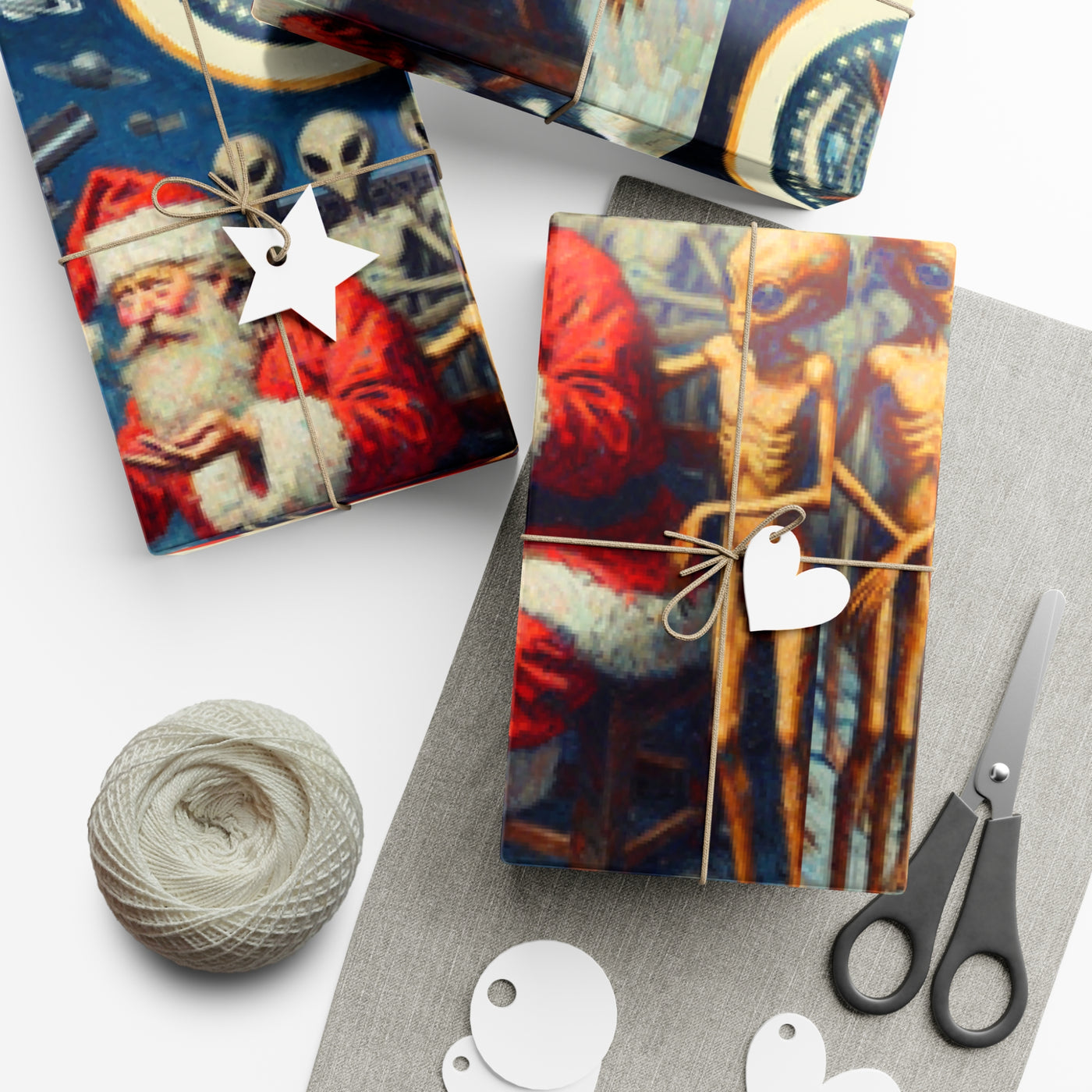 Vintage alien wrapping paper with Santa and aliens on a blue background.