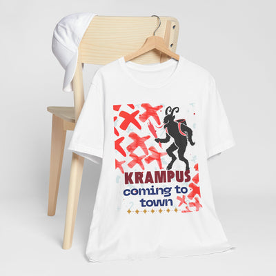 White t-shirt with a black silhouette of Krampus and red accents.