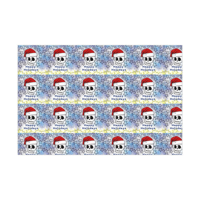 Gift wrap paper with a repeating pattern of skulls wearing Santa hats and stars.