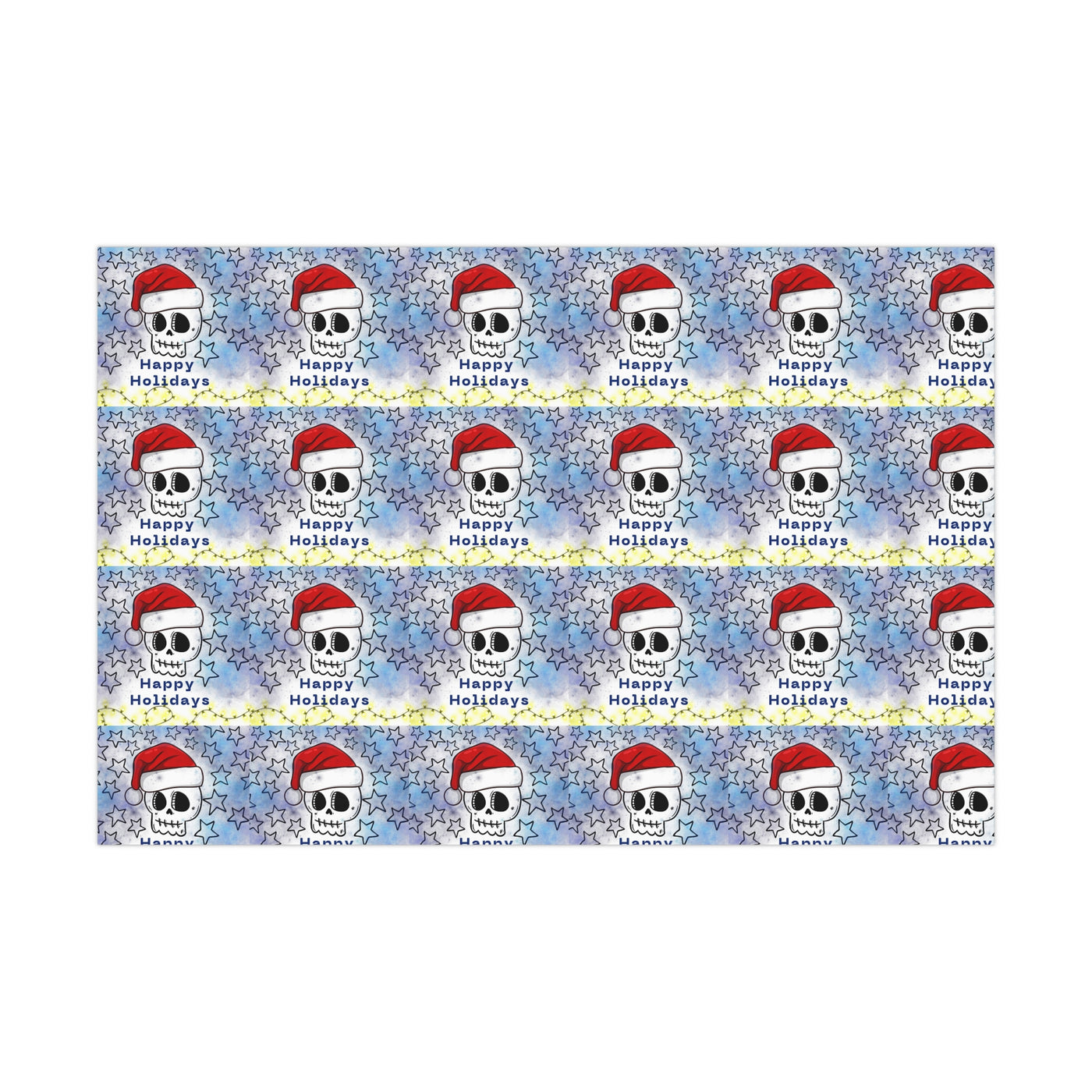 Gift wrap paper with a repeating pattern of skulls wearing Santa hats and stars.
