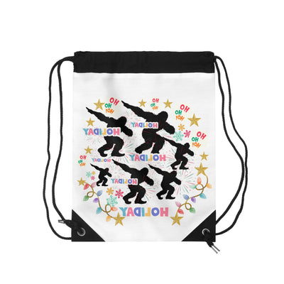Drawstring bag with dabbing Sasquatch and holiday graphics.