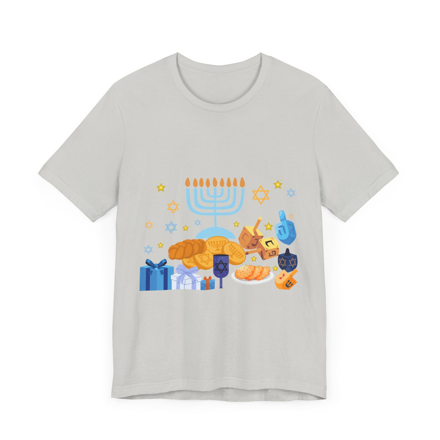 Light grey t-shirt with a colorful Hanukkah graphic featuring a menorah, dreidels, gelt, and gifts.