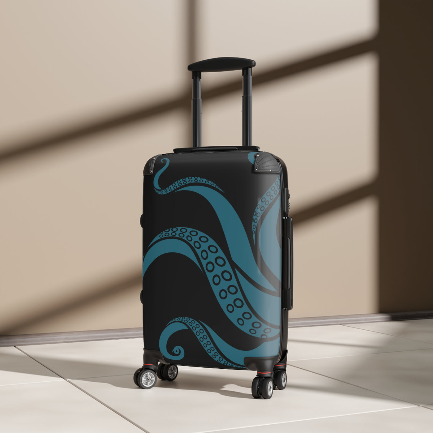 Durable suitcase with teal kraken design and 360-degree wheels, shown in sunlit room for unique travel style.