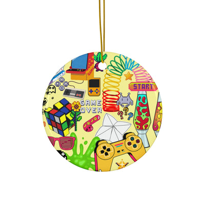 Ceramic ornament with a retro video game design featuring 8-bit graphics.