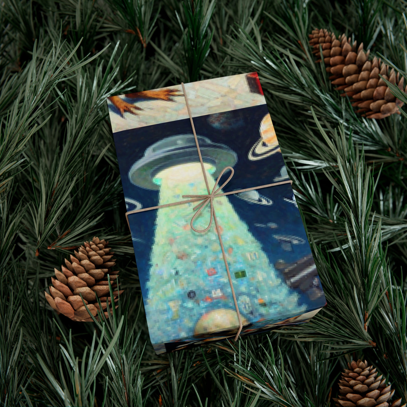 Vintage alien wrapping paper with a UFO beam, surrounded by pine needles and pinecones.