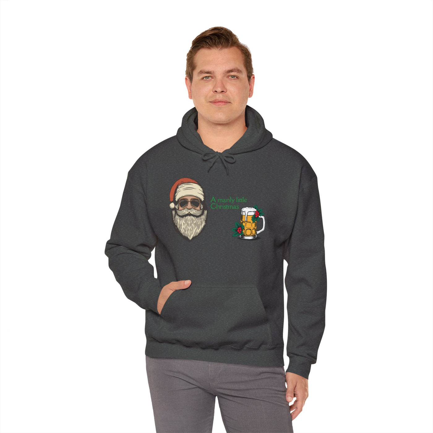 Dark grey hoodie with a Santa graphic and a beer mug.